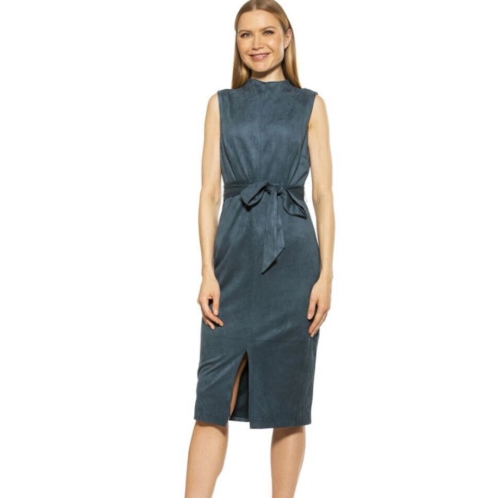 Alexia Admor Teal Blue Tie Waist Midi Mock Neck Sleeveless Career Kay Dress 4